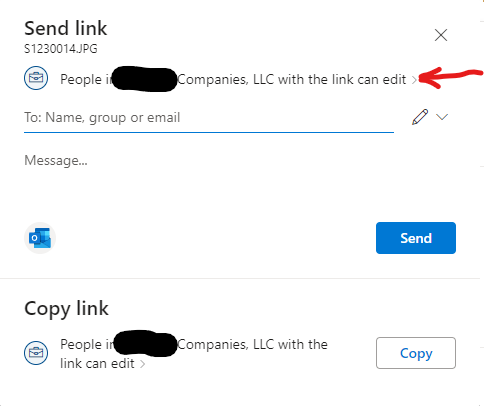 Onedrive File Send Dialog Sharing Options